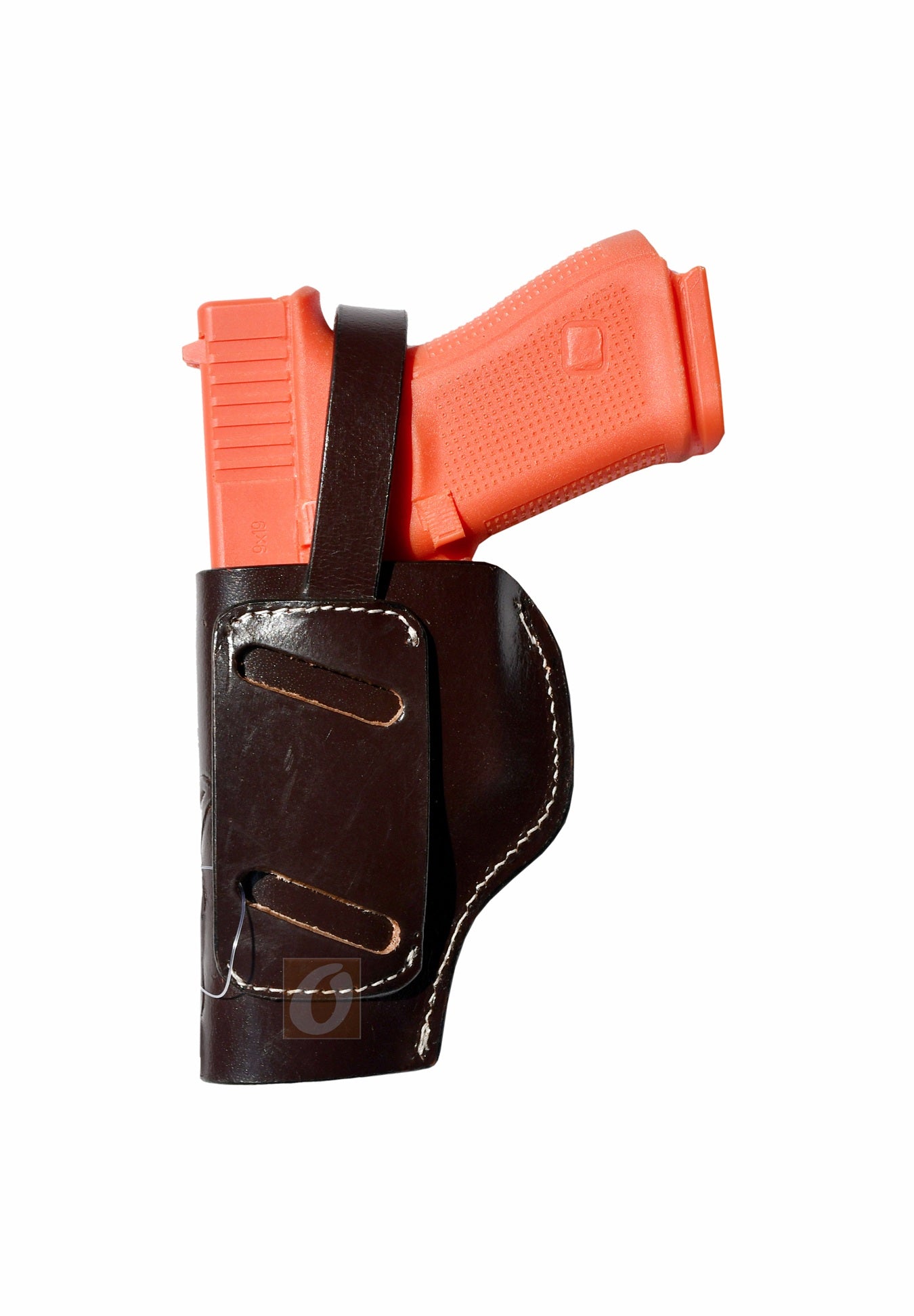 Back view of brown leather Glock holster, right handed, showing the robust stitching and functional design for everyday concealed carry