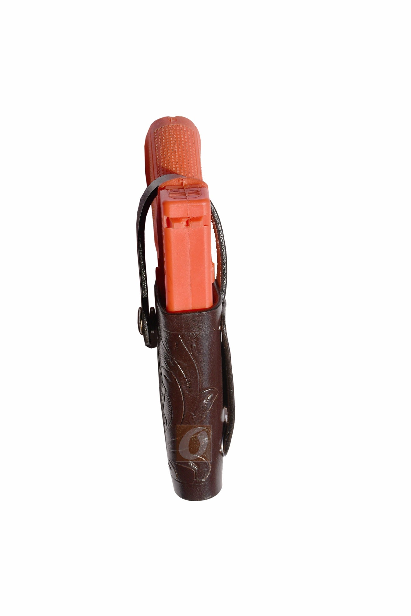 Side view of brown leather Glock holster, right handed, showcasing fine floral tooling for style and comfort in concealed carry