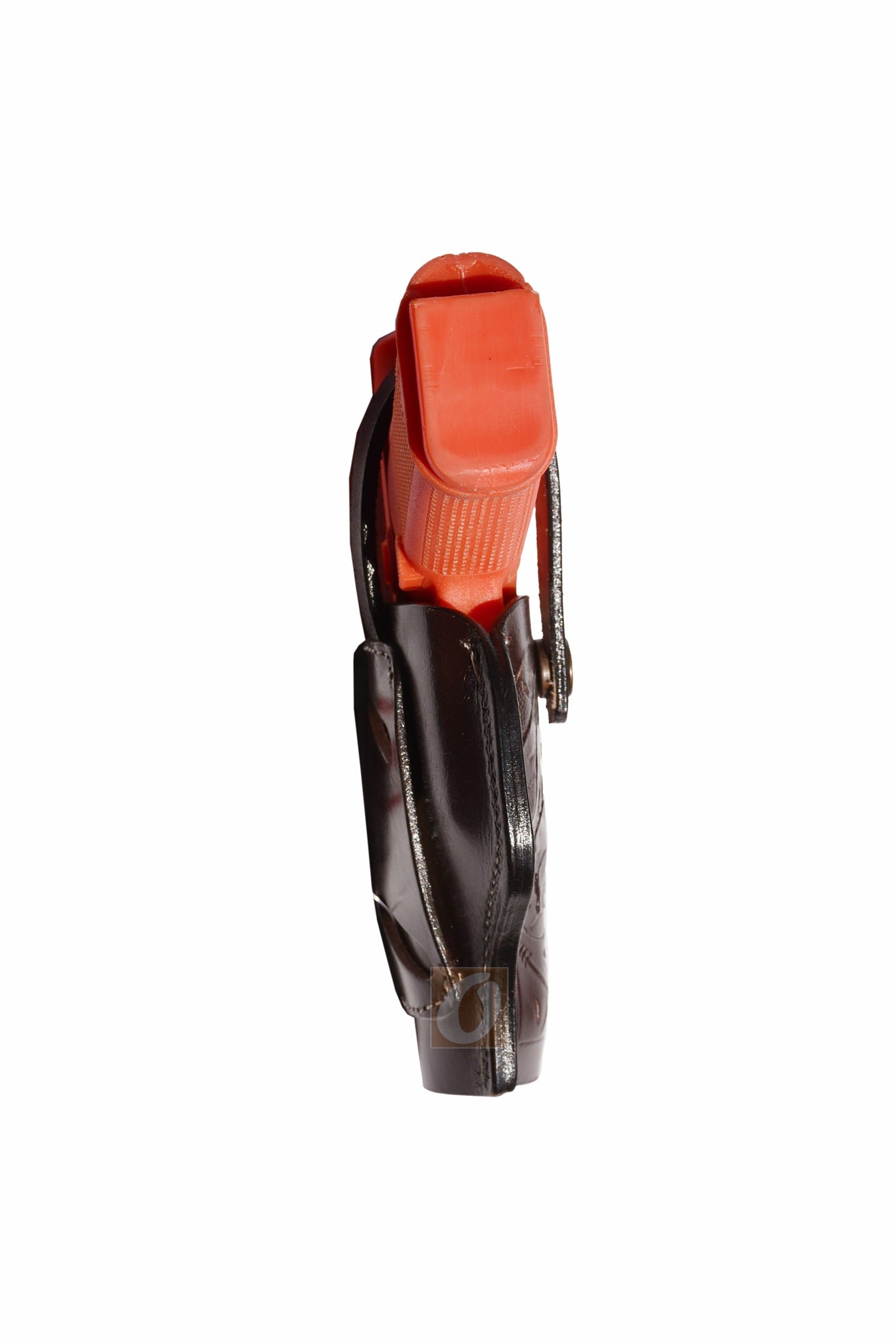 Angled view of brown leather Glock holster, right handed, with intricate floral tooling for a secure and durable fit