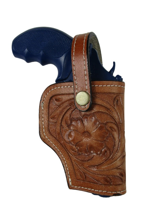 leather holster for S&W Model 60 tan color right hand floral tooled front view