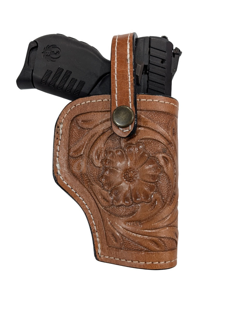 SR 22LR leather holster tan color front view floral tooled