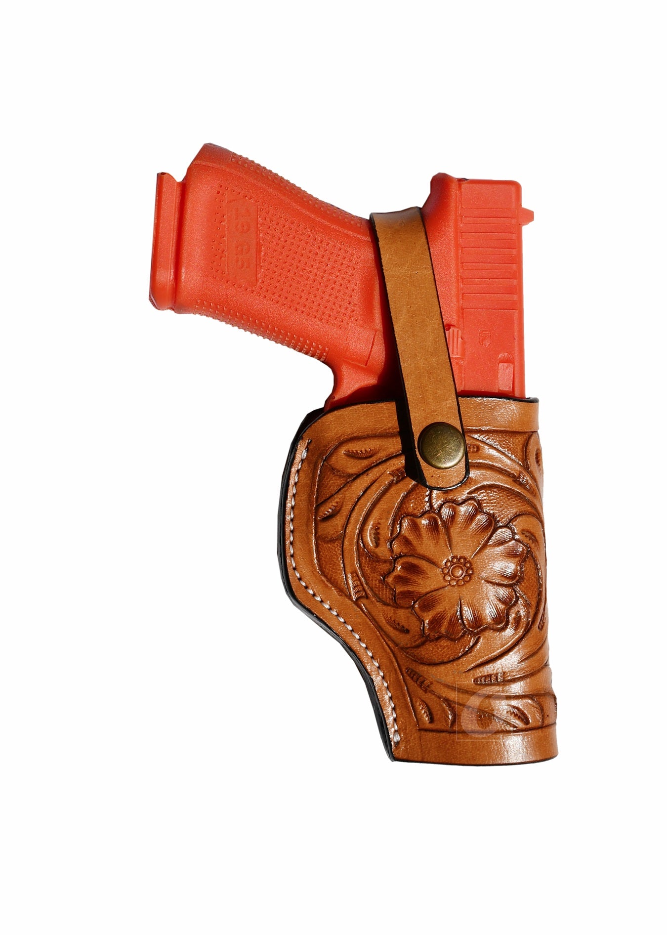 Tan leather Glock holster, right handed, with floral tooling design, ideal for concealed carry and everyday use