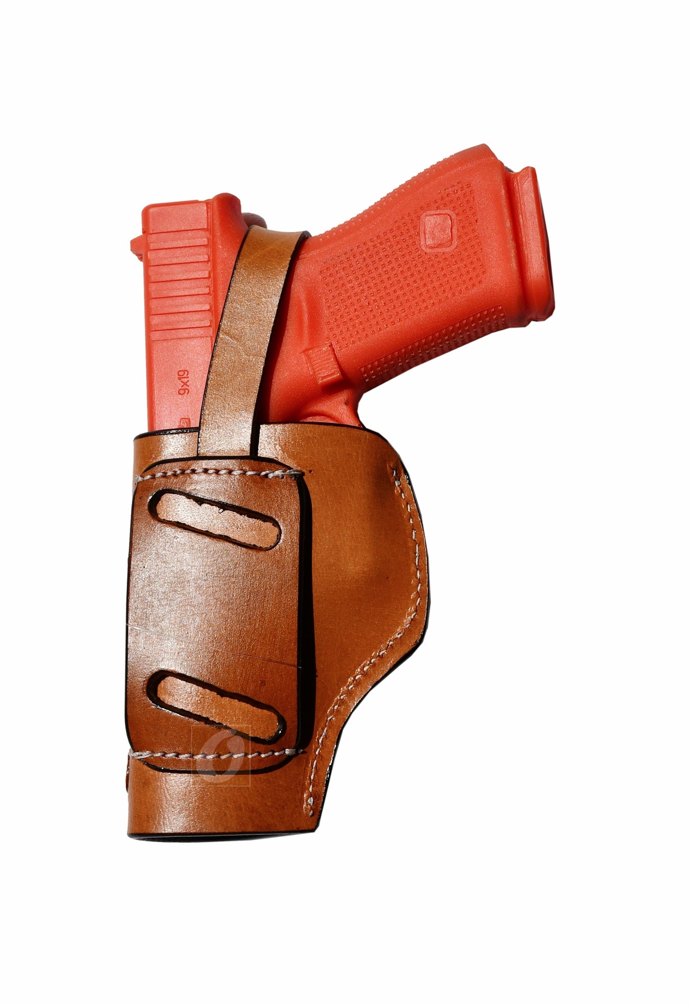 Back view of tan leather Glock holster, right handed, showing premium craftsmanship and strong leather construction for concealed carry