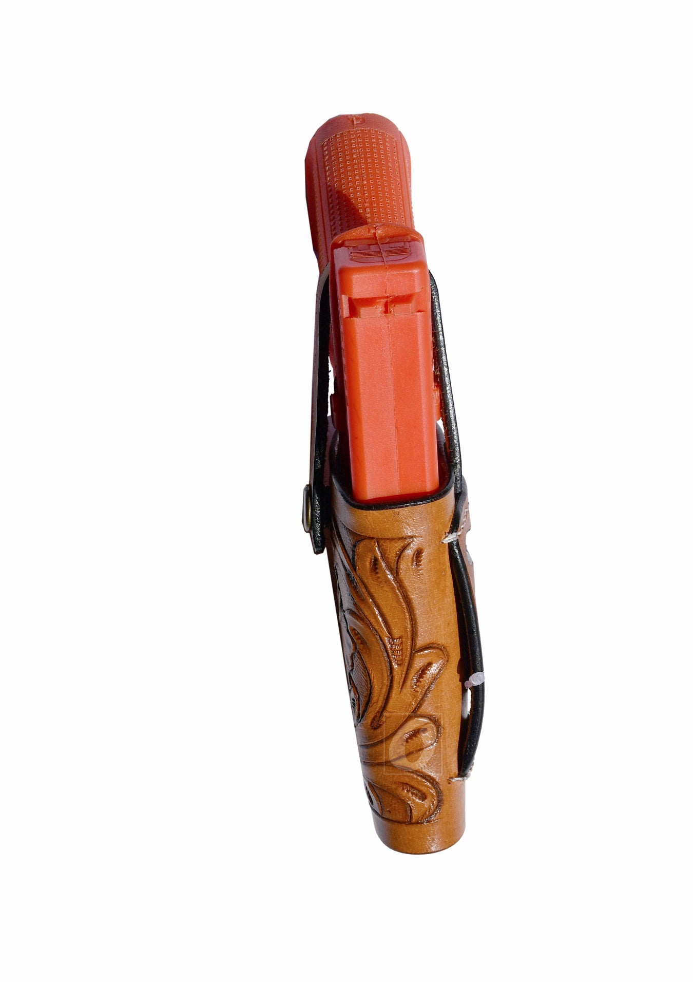 Side view of tan leather Glock holster, right handed, showcasing intricate floral tooling and a durable, secure fit