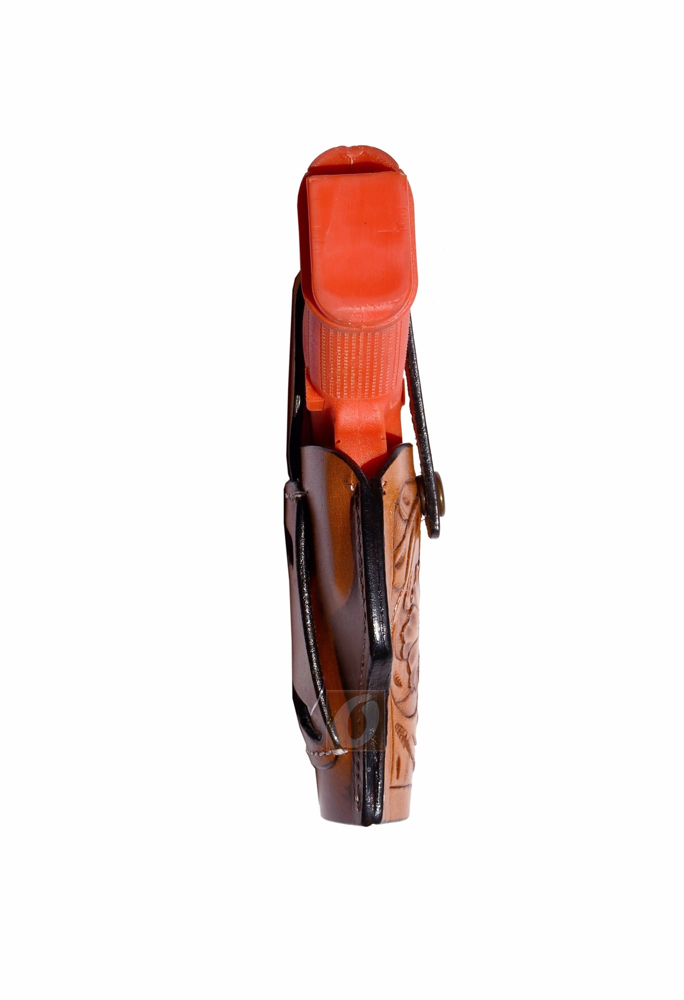 Angled view of tan leather Glock holster, right handed, highlighting the floral tooling for an elegant and reliable concealed carry holster