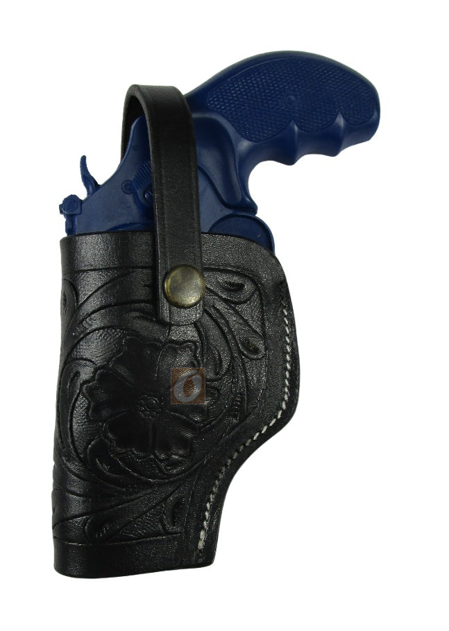 leather holster for S&W Model 60 black color left hand floral tooled front view