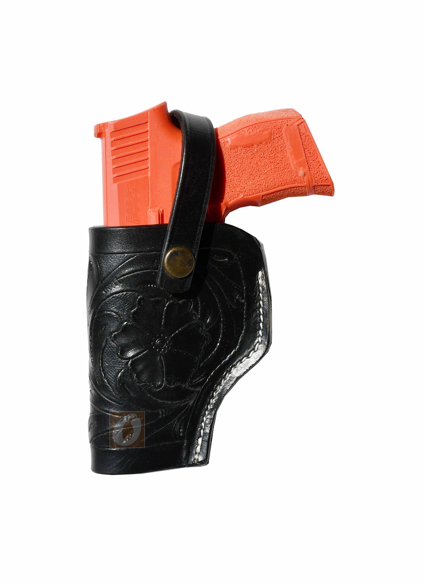 Black leather Glock holster, left handed, with floral tooling design, perfect for concealed carry and daily use