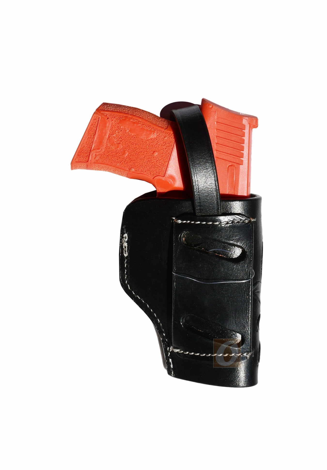 Back view of black leather Glock holster, left handed, showcasing the strong leather construction and secure retention system
