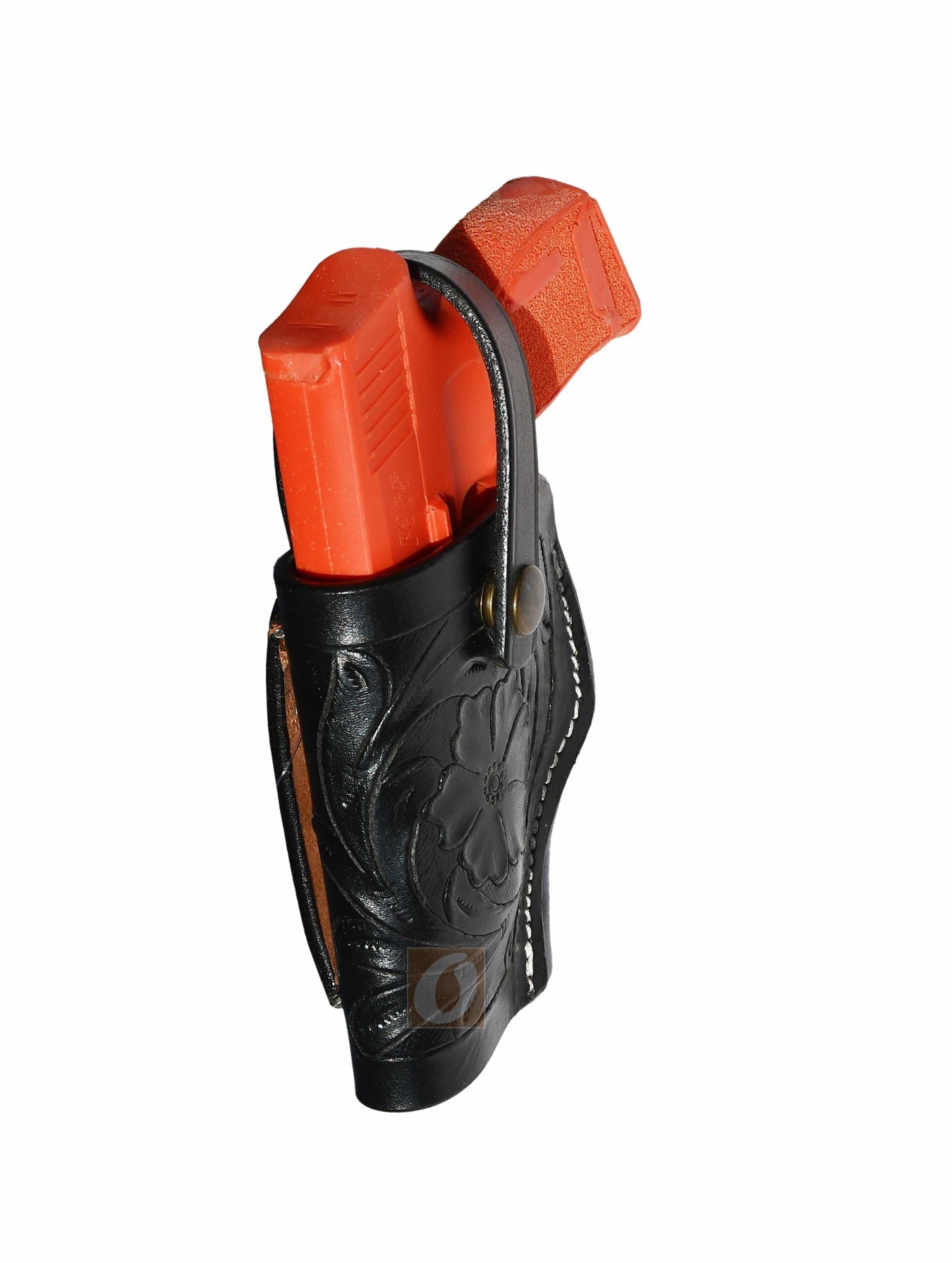 Angled view of black leather Glock holster, left handed, showcasing the durable floral tooling and comfortable fit for concealed carry