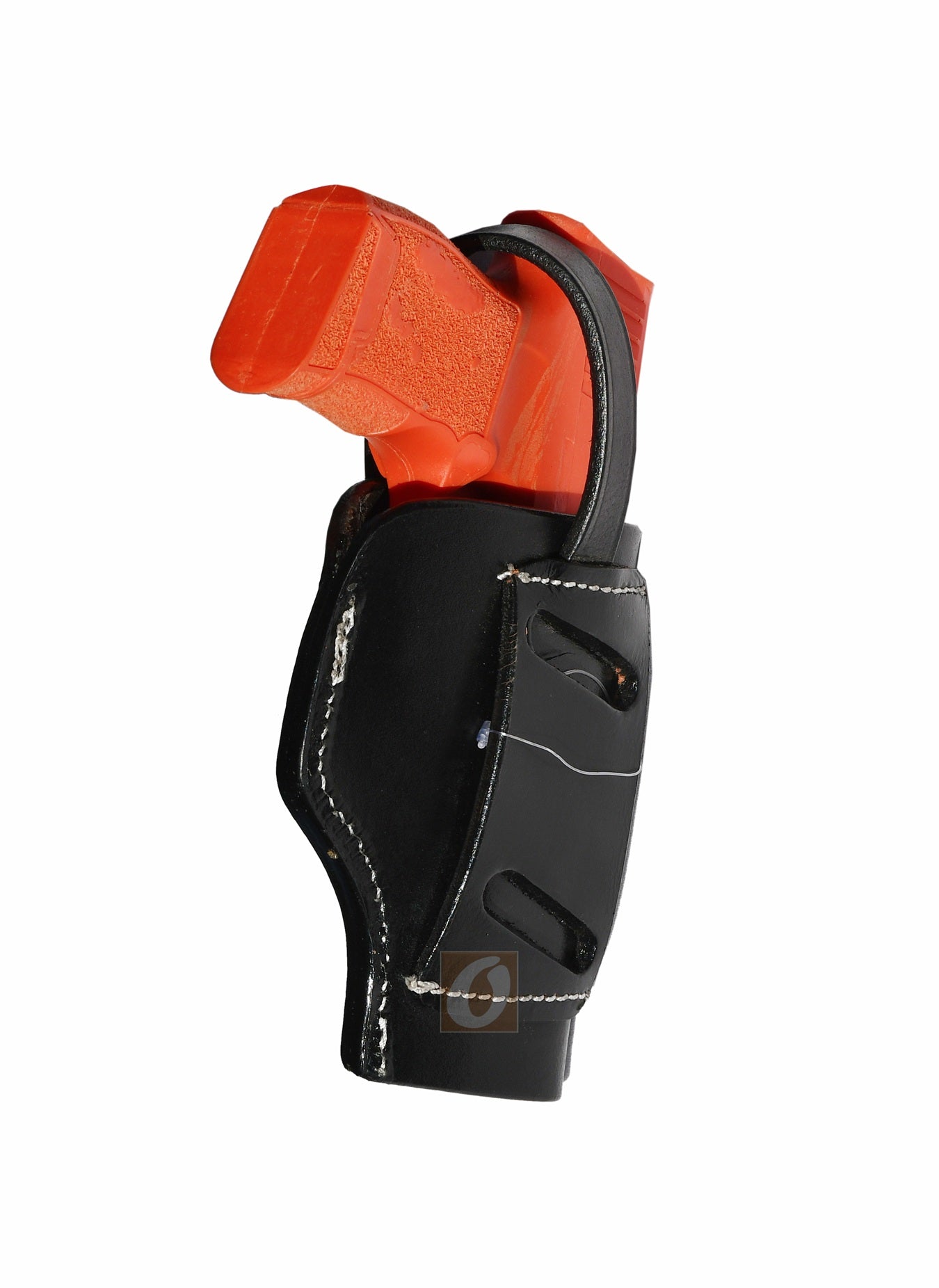 Side view of black leather Glock holster, left handed, featuring intricate floral tooling for a secure and stylish concealed carry