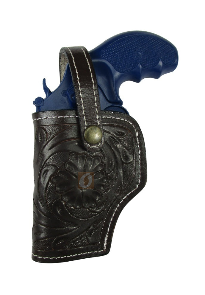 leather holster for S&W Model 60 brown color left hand floral tooled front view