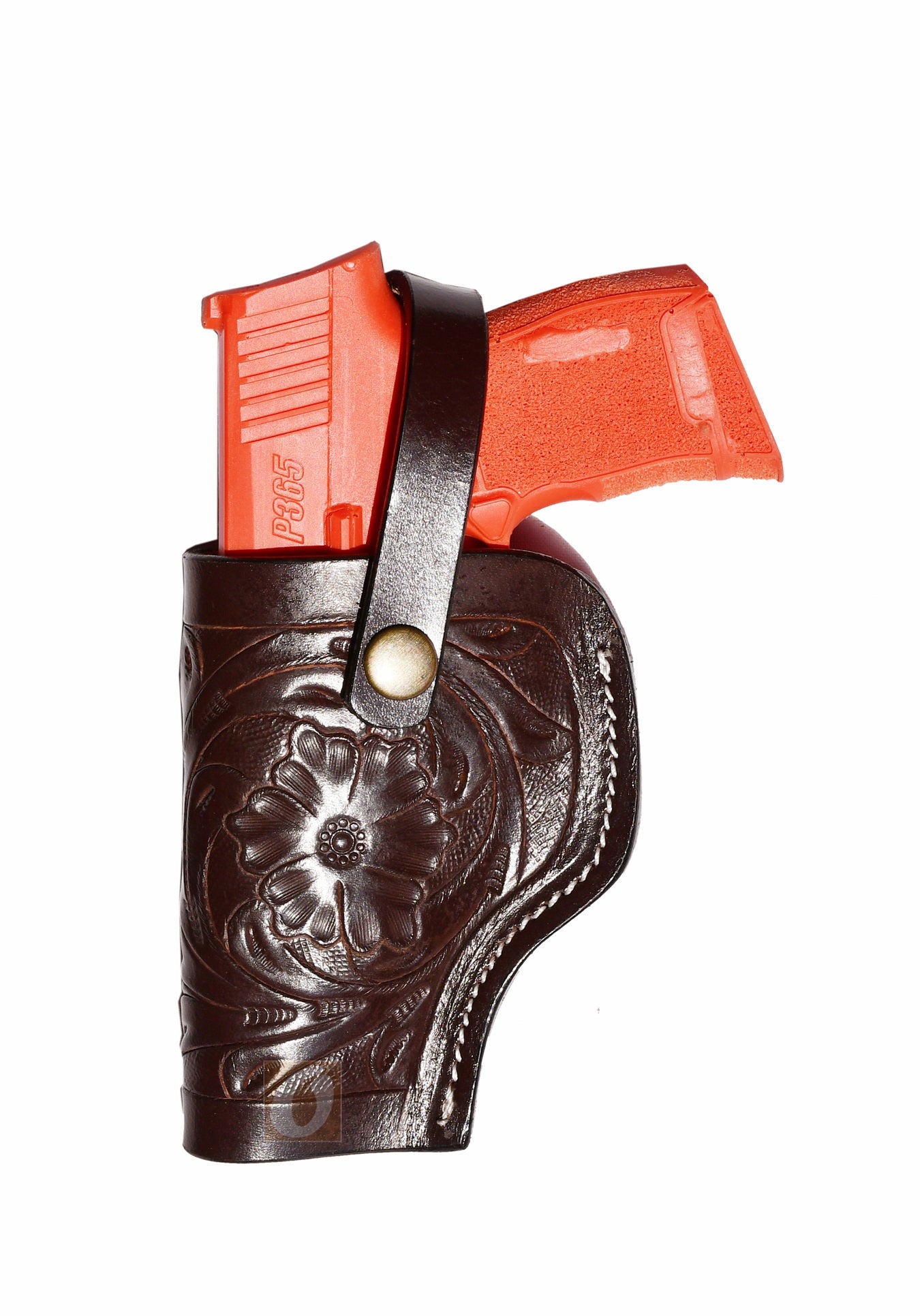 Brown leather Glock holster, left handed, featuring beautiful floral tooling for a secure concealed carry experience