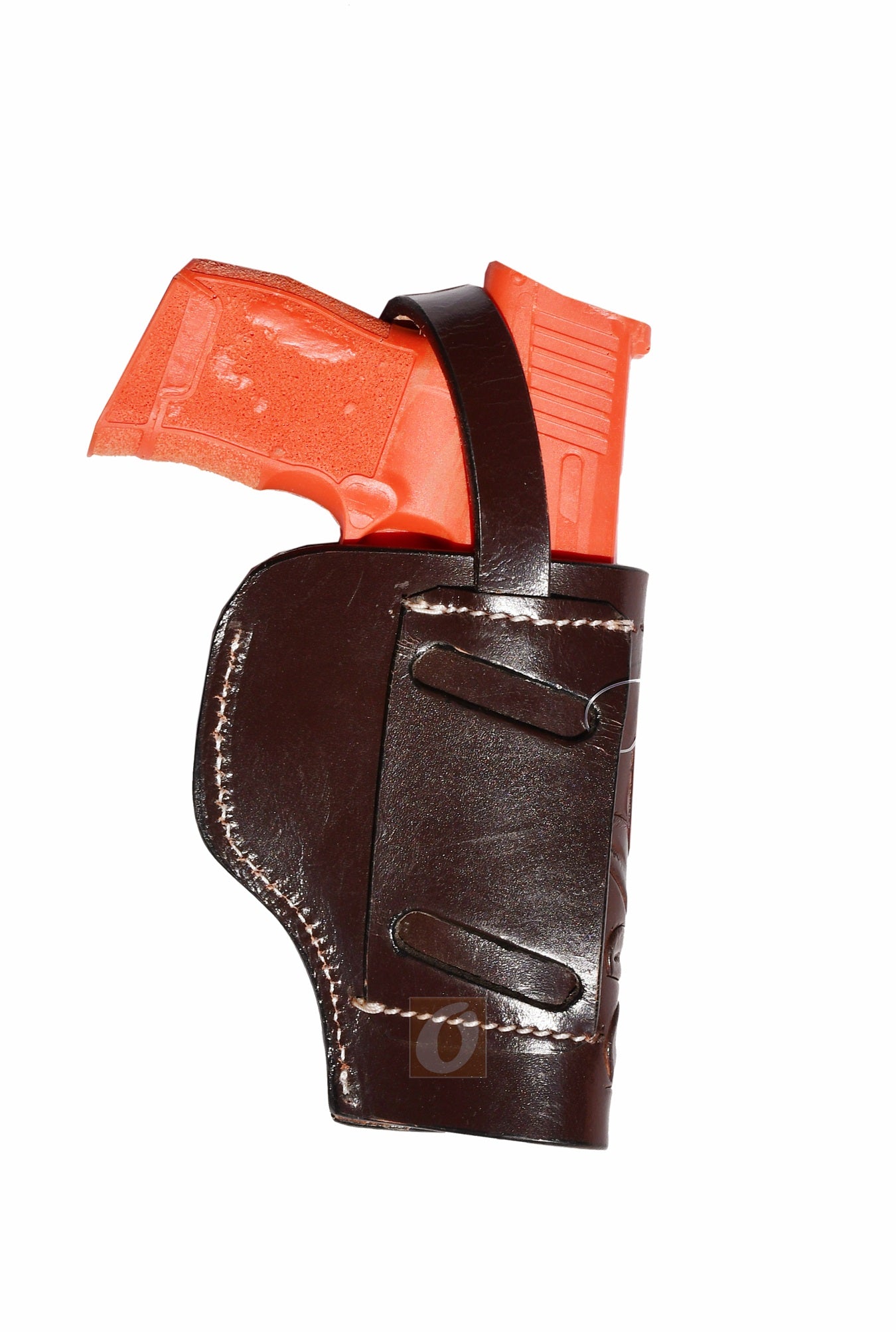 Back view of brown leather Glock holster, left handed, showing the fine craftsmanship and secure fit for concealed carry