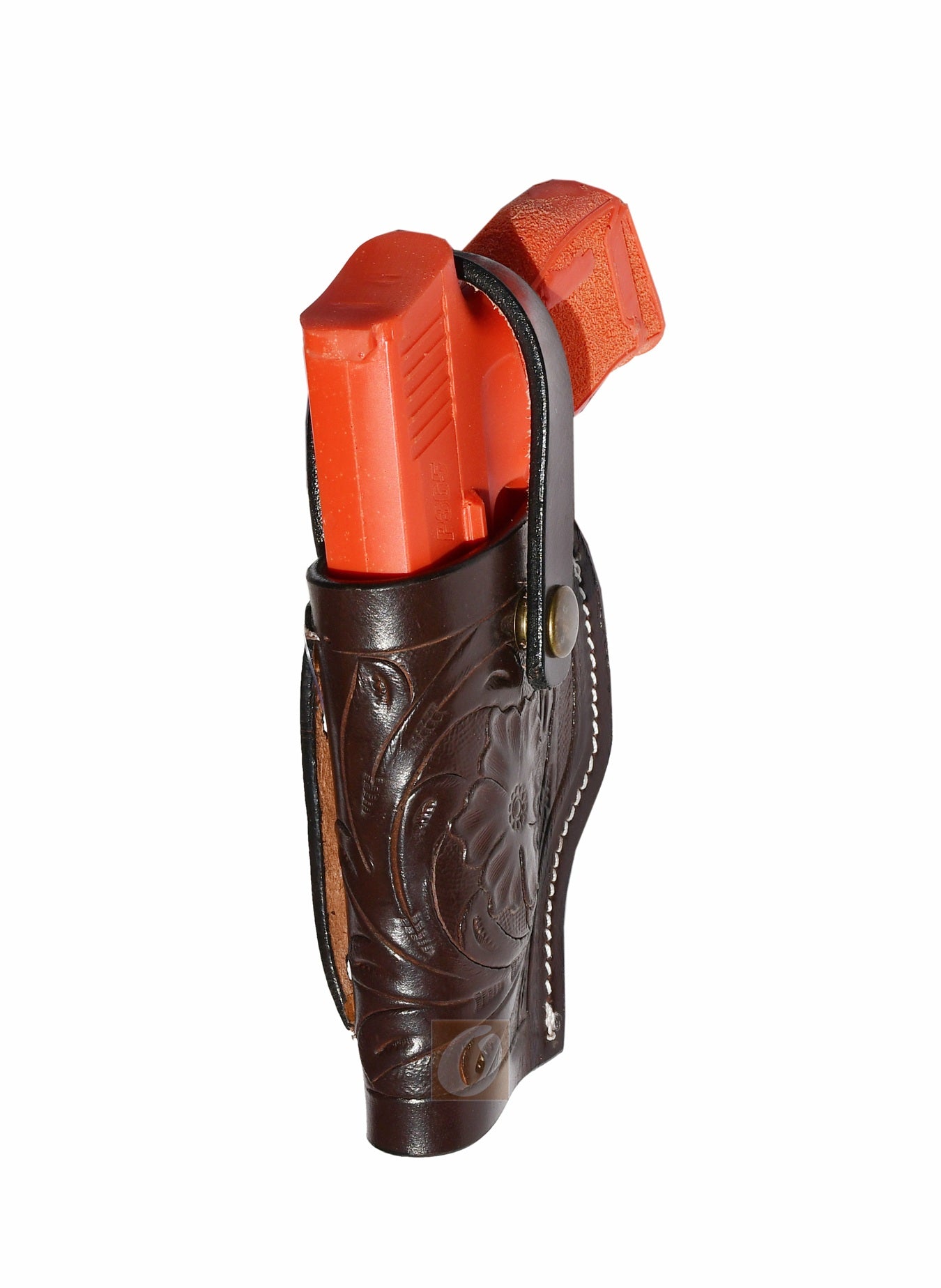 Angled view of brown leather Glock holster, left handed, highlighting the floral tooling and comfortable fit for concealed carry