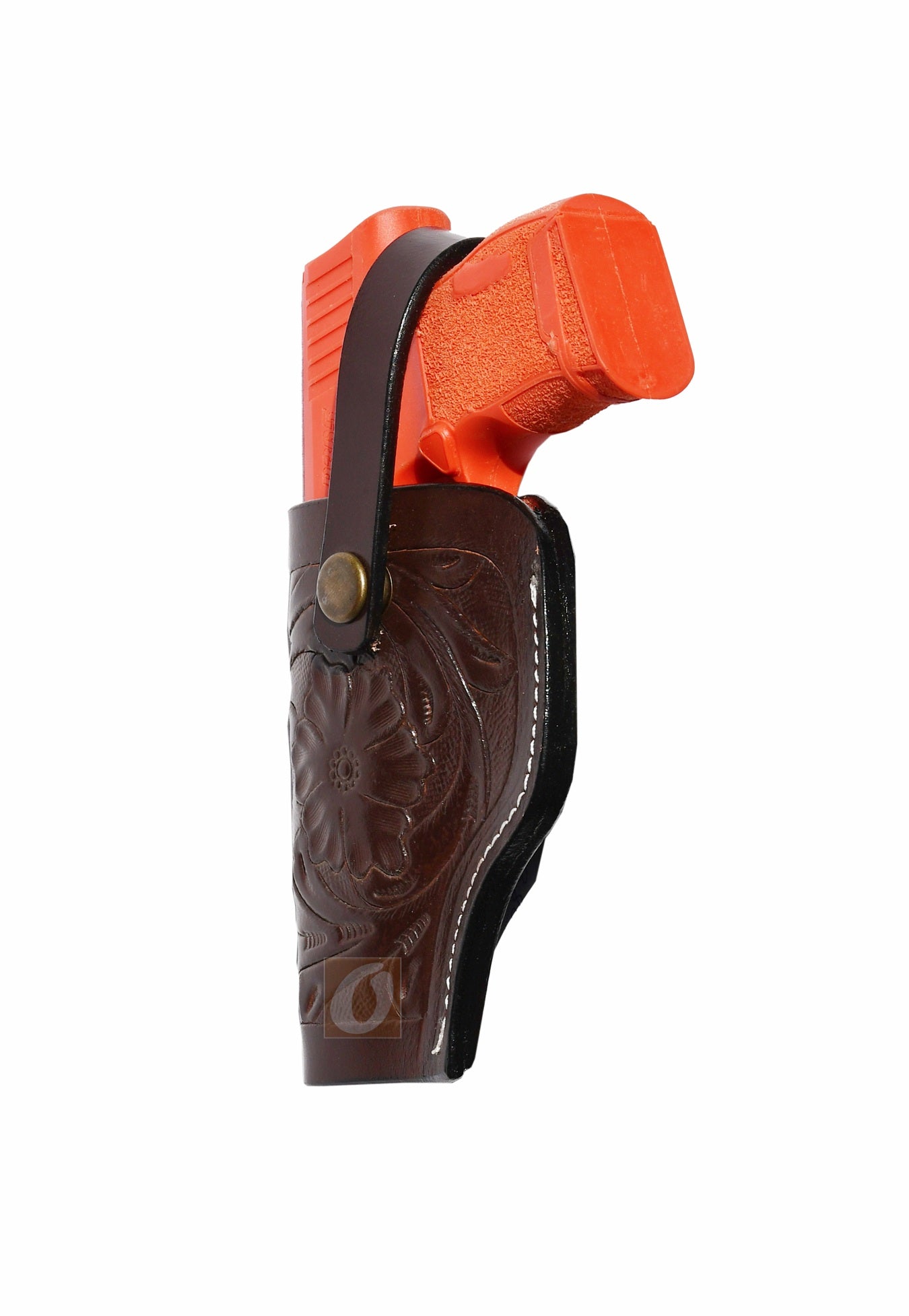 Side view of brown leather Glock holster, left handed, showcasing the fine floral tooling and durable design for everyday carry