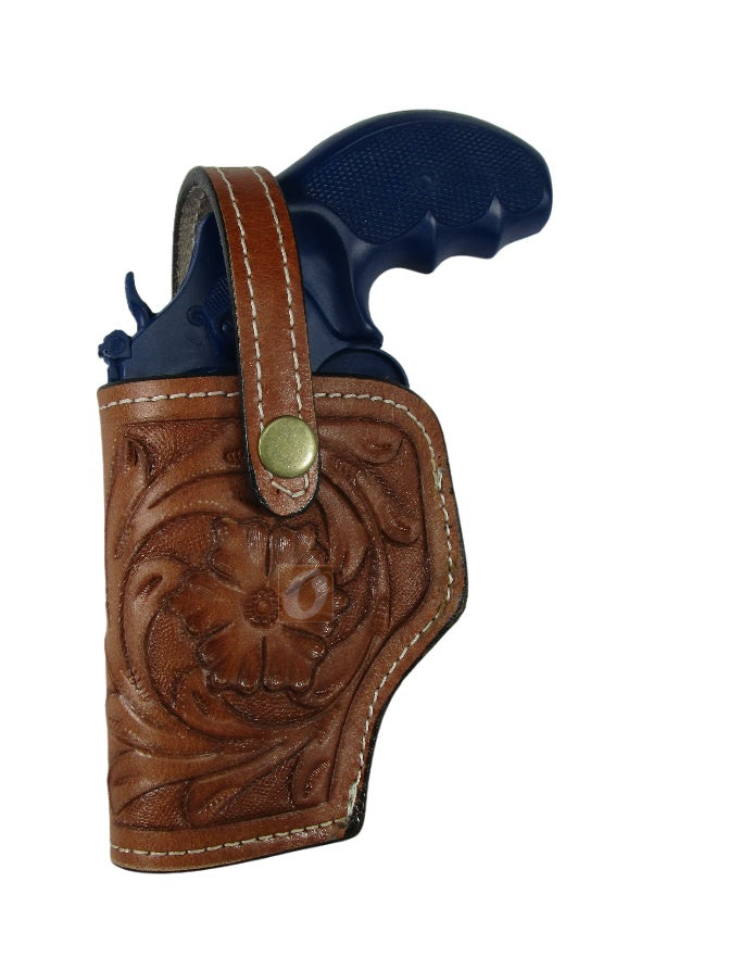 leather holster for S&W Model 60 tan color left hand floral tooled front view