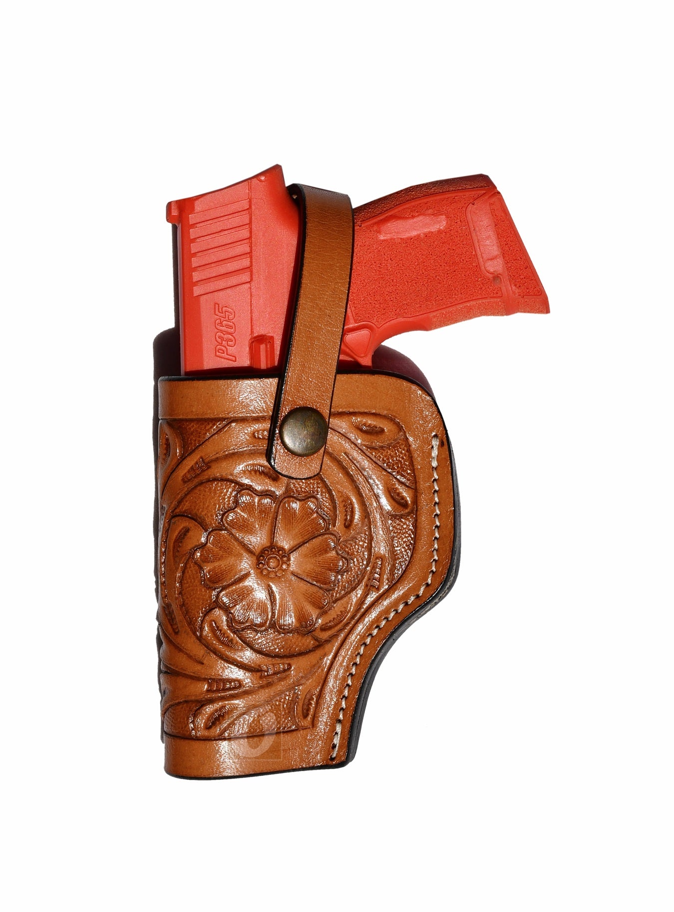 Tan leather Glock holster, left handed, with beautiful floral tooling design, perfect for secure concealed carry