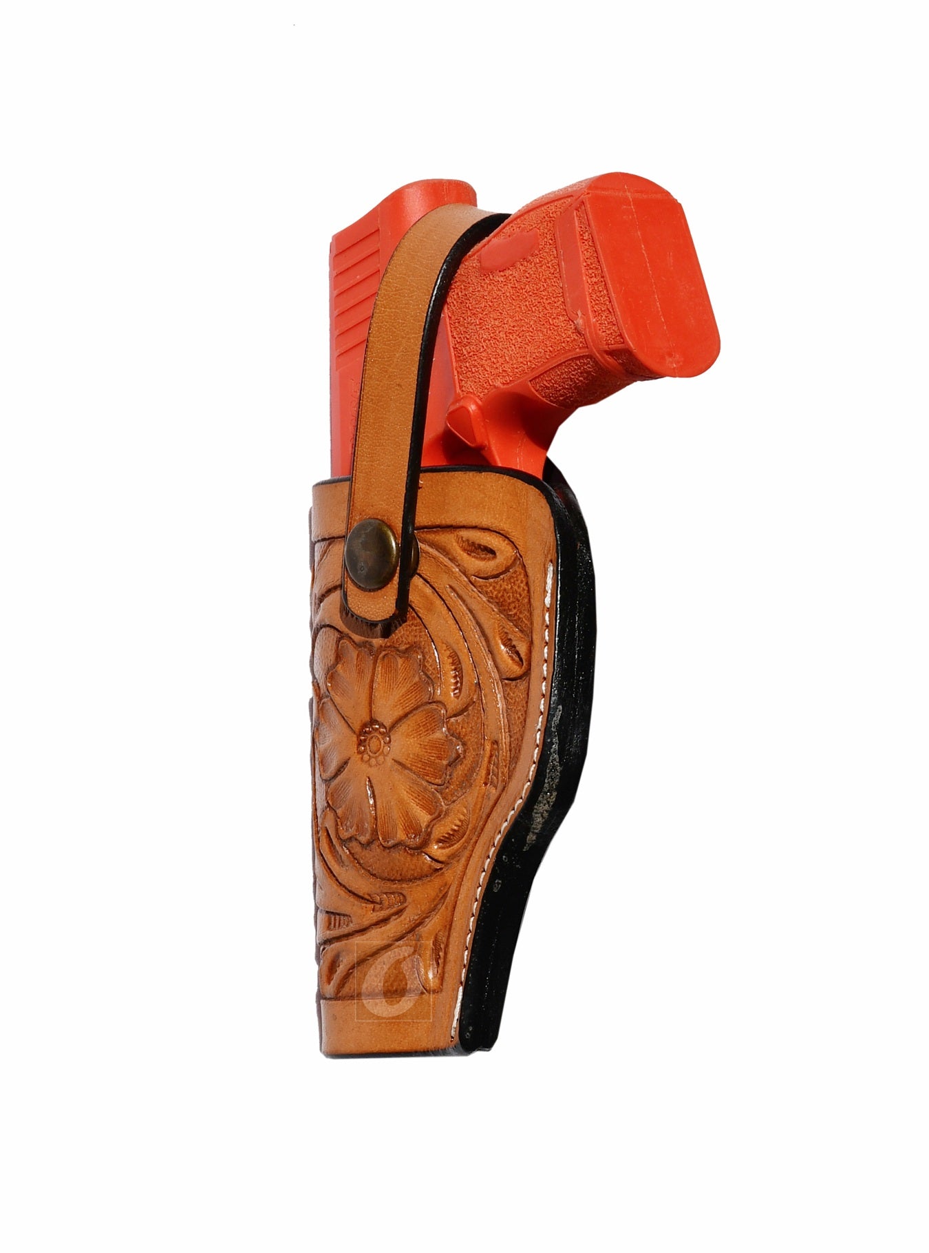 Side view of tan leather Glock holster, left handed, featuring detailed floral tooling for style and durability in everyday concealed carry