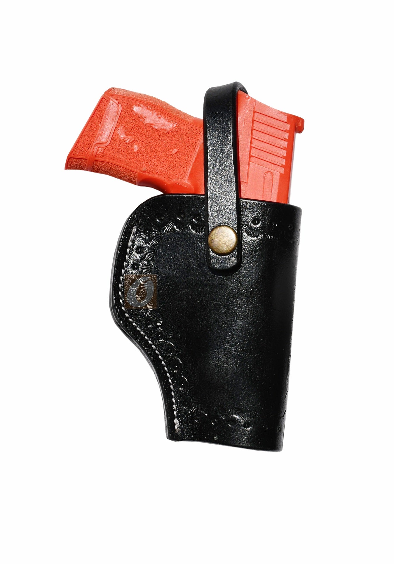 Black leather Glock holster, right handed, with elegant sea shell tooling design for durable and stylish concealed carry