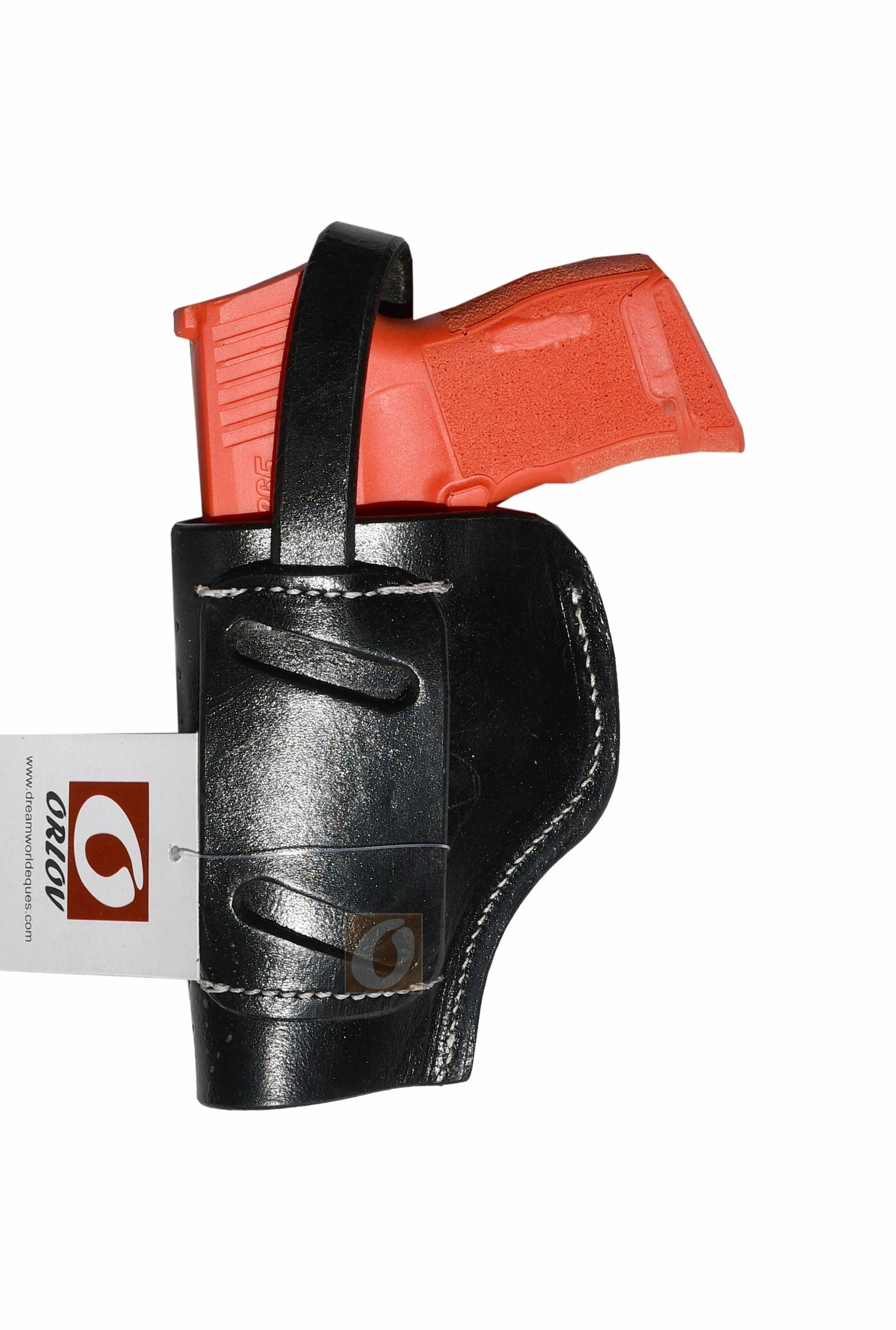 Back view of black leather Glock holster, right handed, displaying durable craftsmanship and a strong retention system for concealed carry