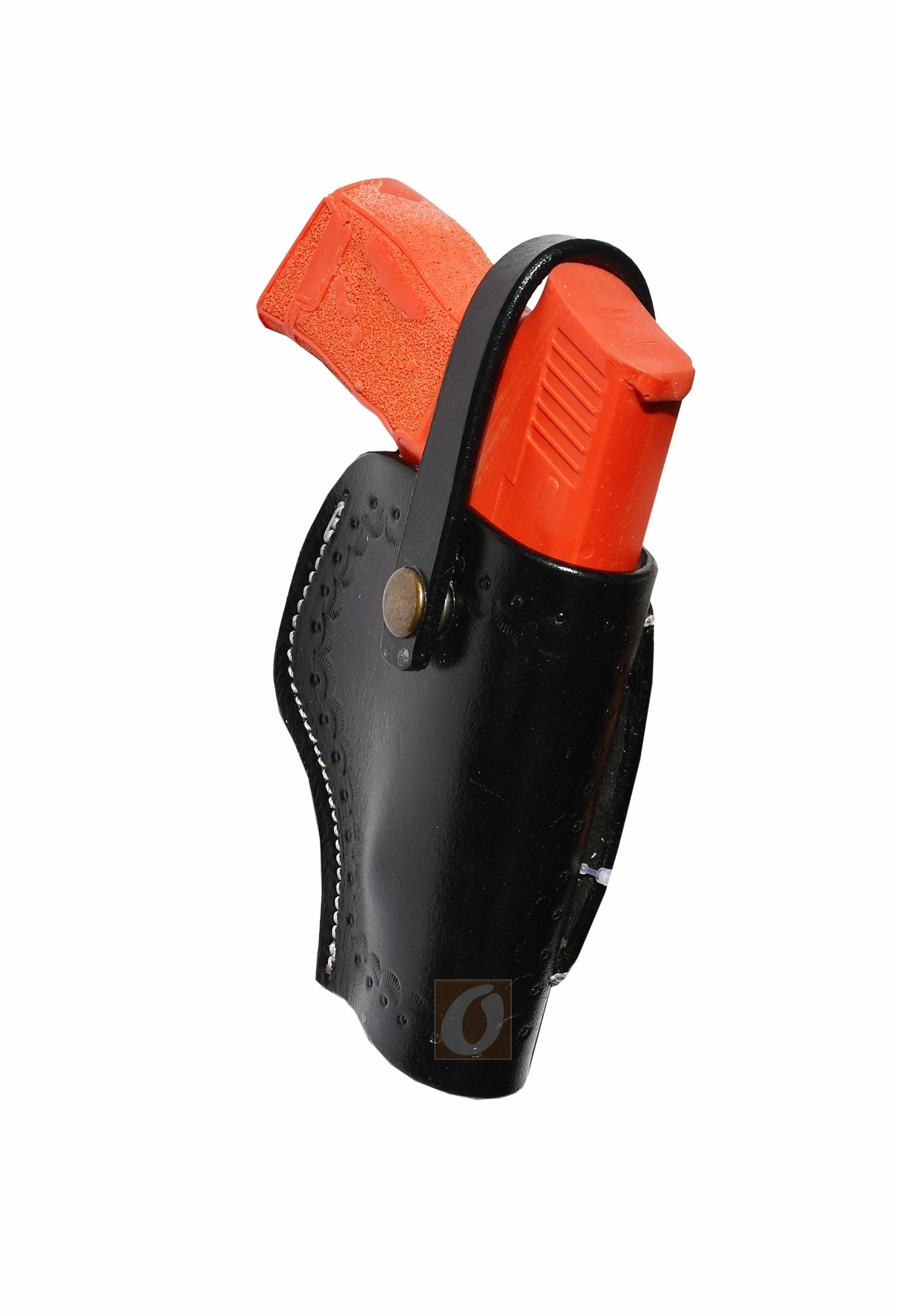 Side view of black leather Glock holster, right handed, showcasing intricate sea shell tooling for enhanced comfort and security