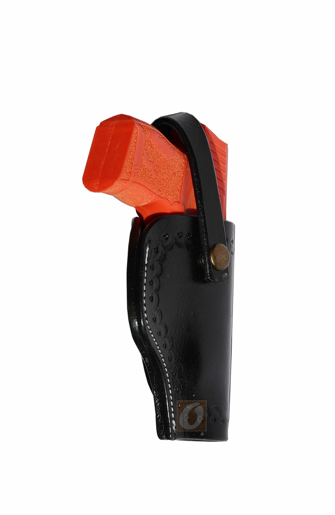 Angled view of black leather Glock holster, right handed, highlighting the fine sea shell tooling design for everyday concealed carry