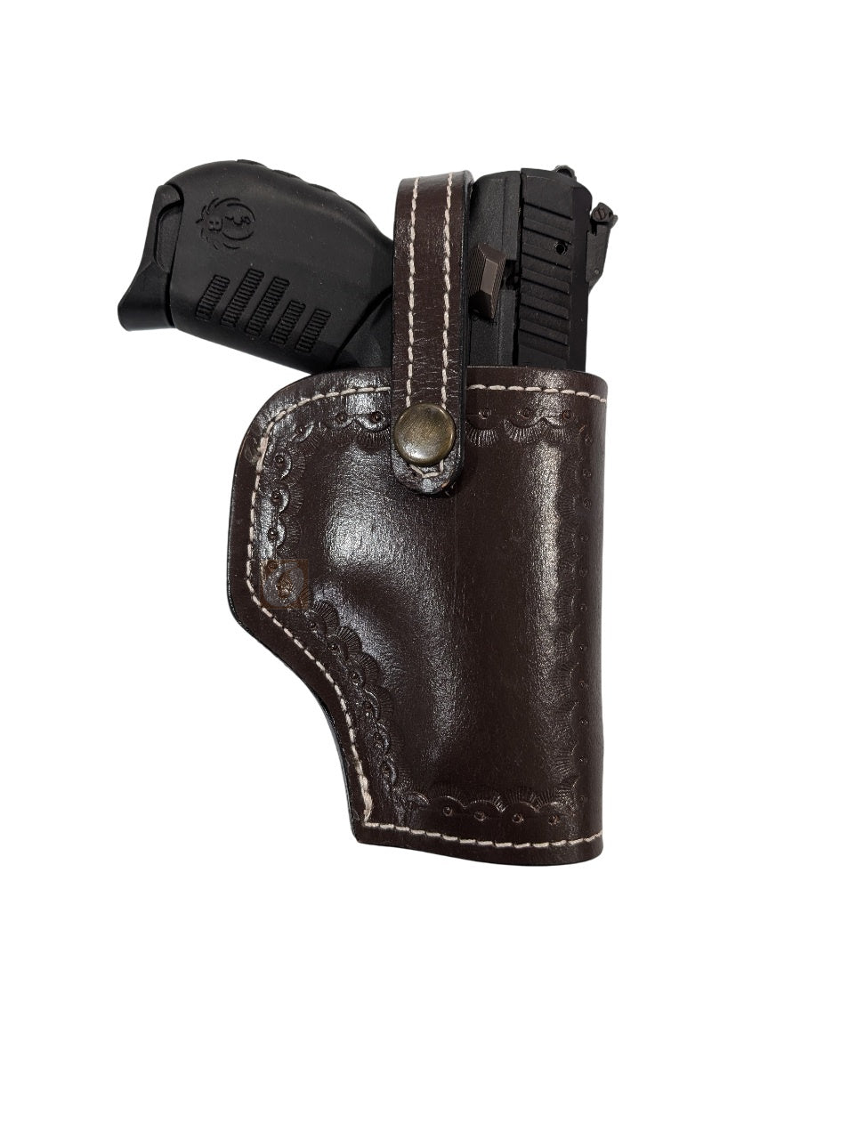 SR 22LR leather holster brown color front view shell tooled