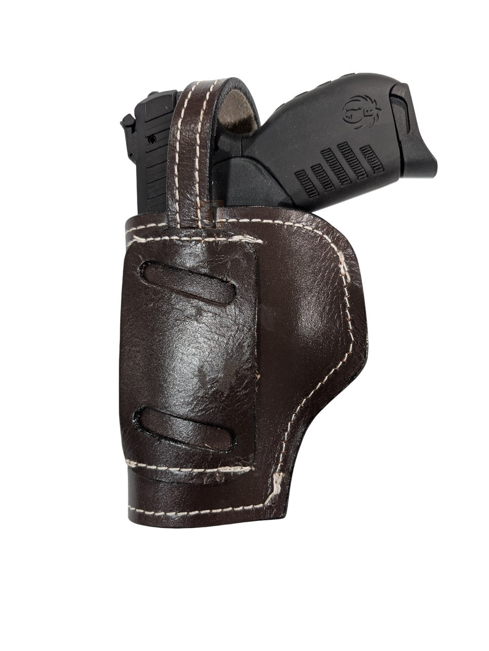 SR 22LR leather holster brown color back view shell tooled
