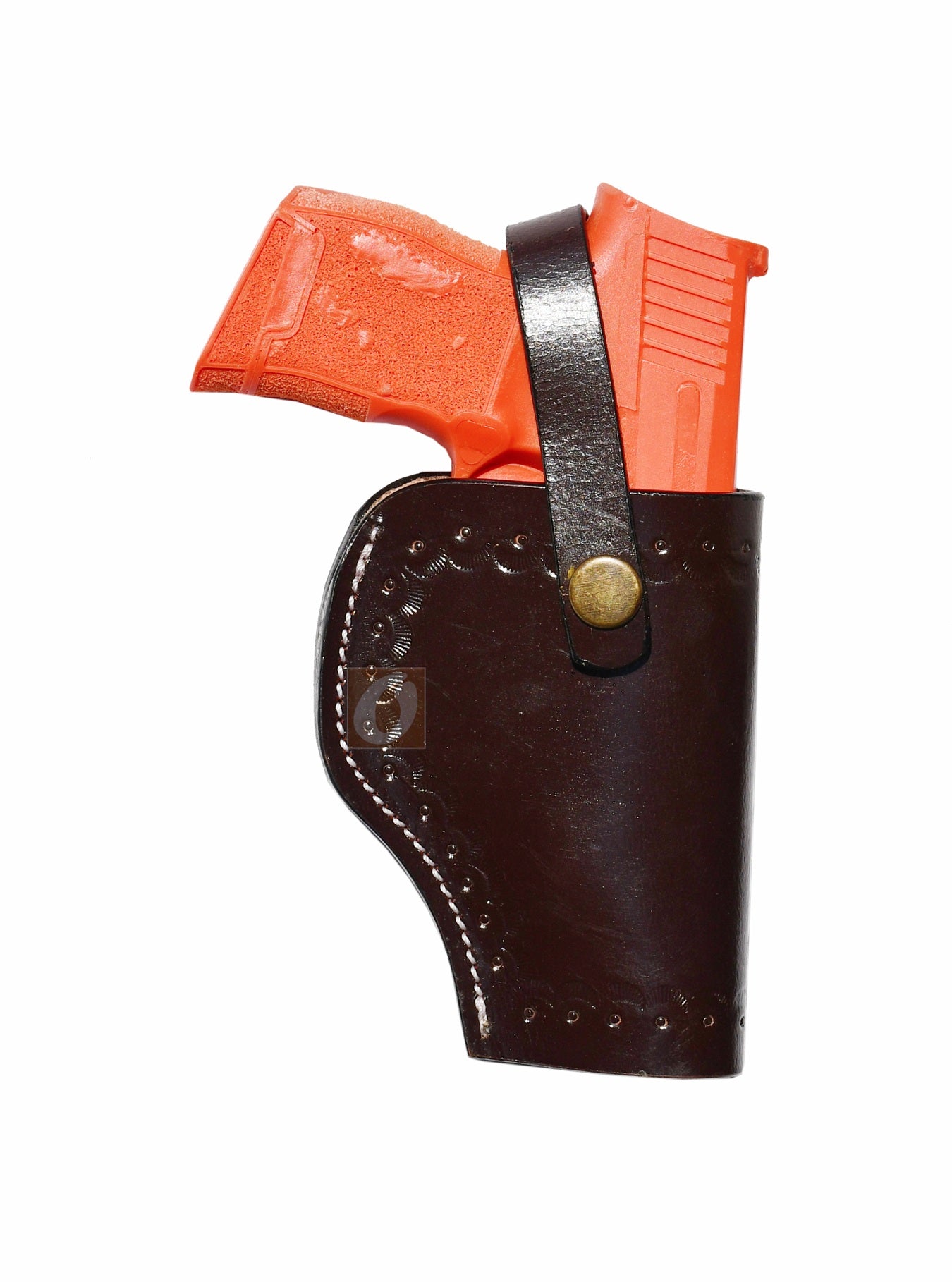 Brown leather Glock holster, right handed, featuring sea shell tooling for a durable and stylish concealed carry