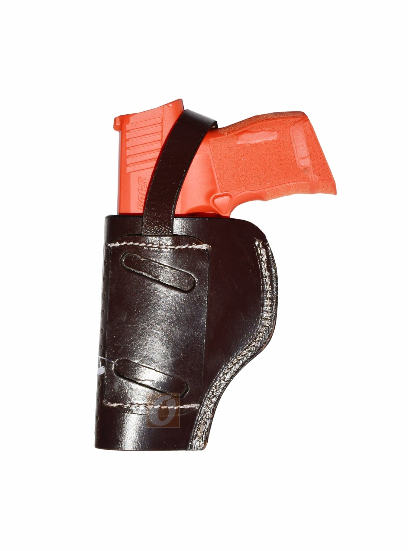 Back view of brown leather Glock holster, right handed, displaying strong craftsmanship and a secure retention system for concealed carry