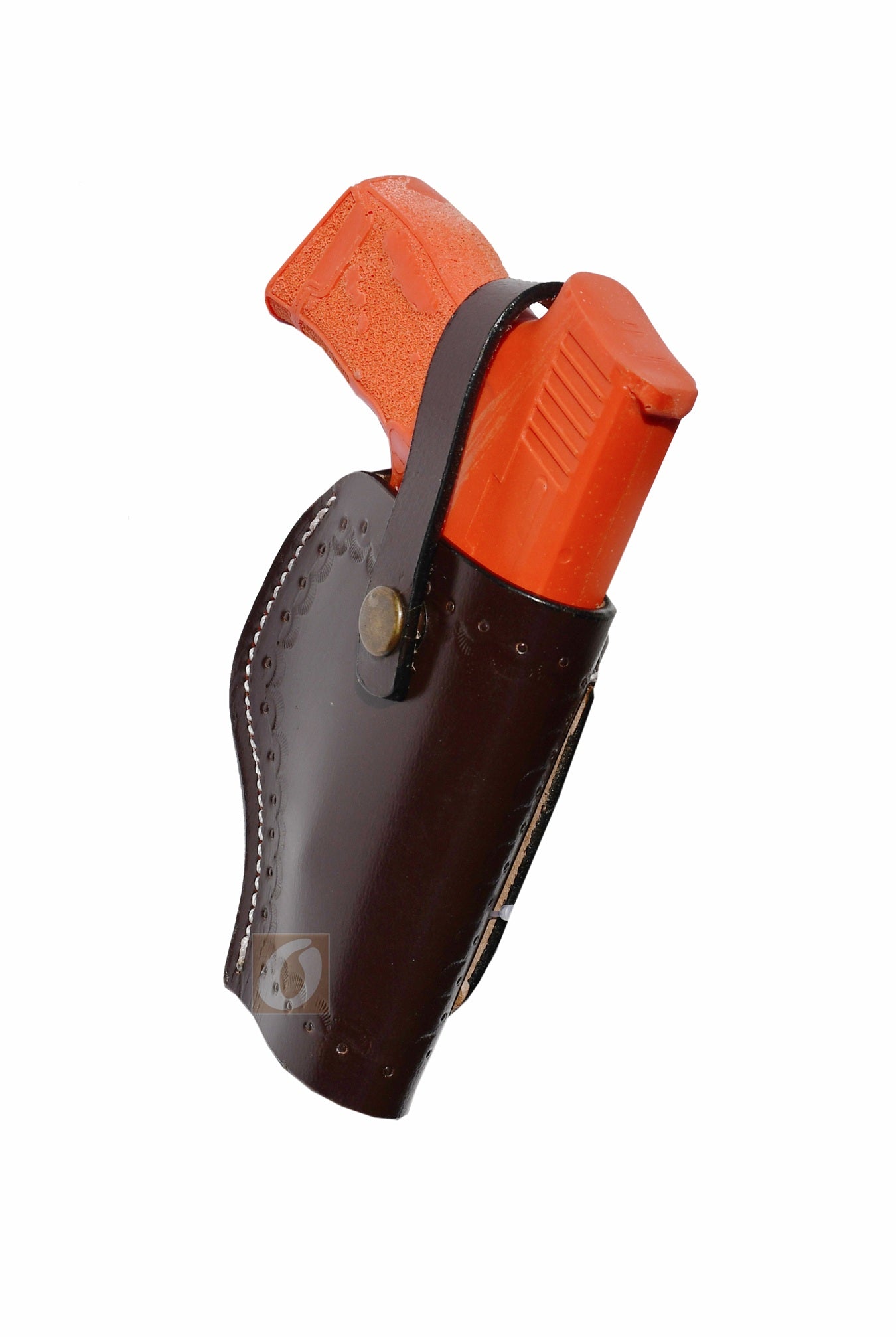 Side view of brown leather Glock holster, right handed, showcasing detailed sea shell tooling for a smooth and comfortable fit