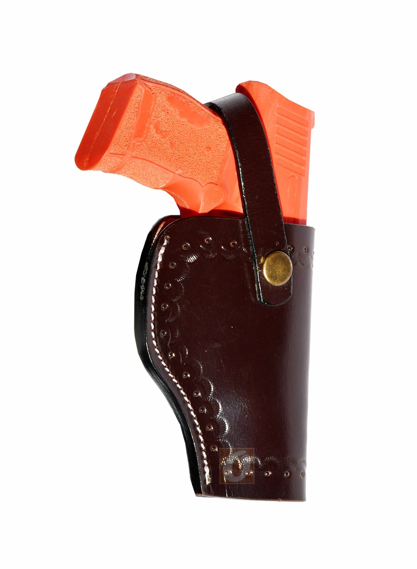 Angled view of brown leather Glock holster, right handed, with intricate sea shell tooling for enhanced durability and comfort