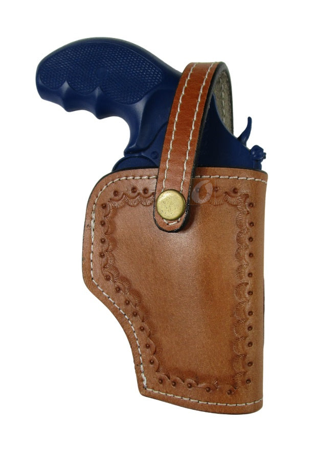 leather holster for S&W Model 60 tan color right hand shell tooled front view