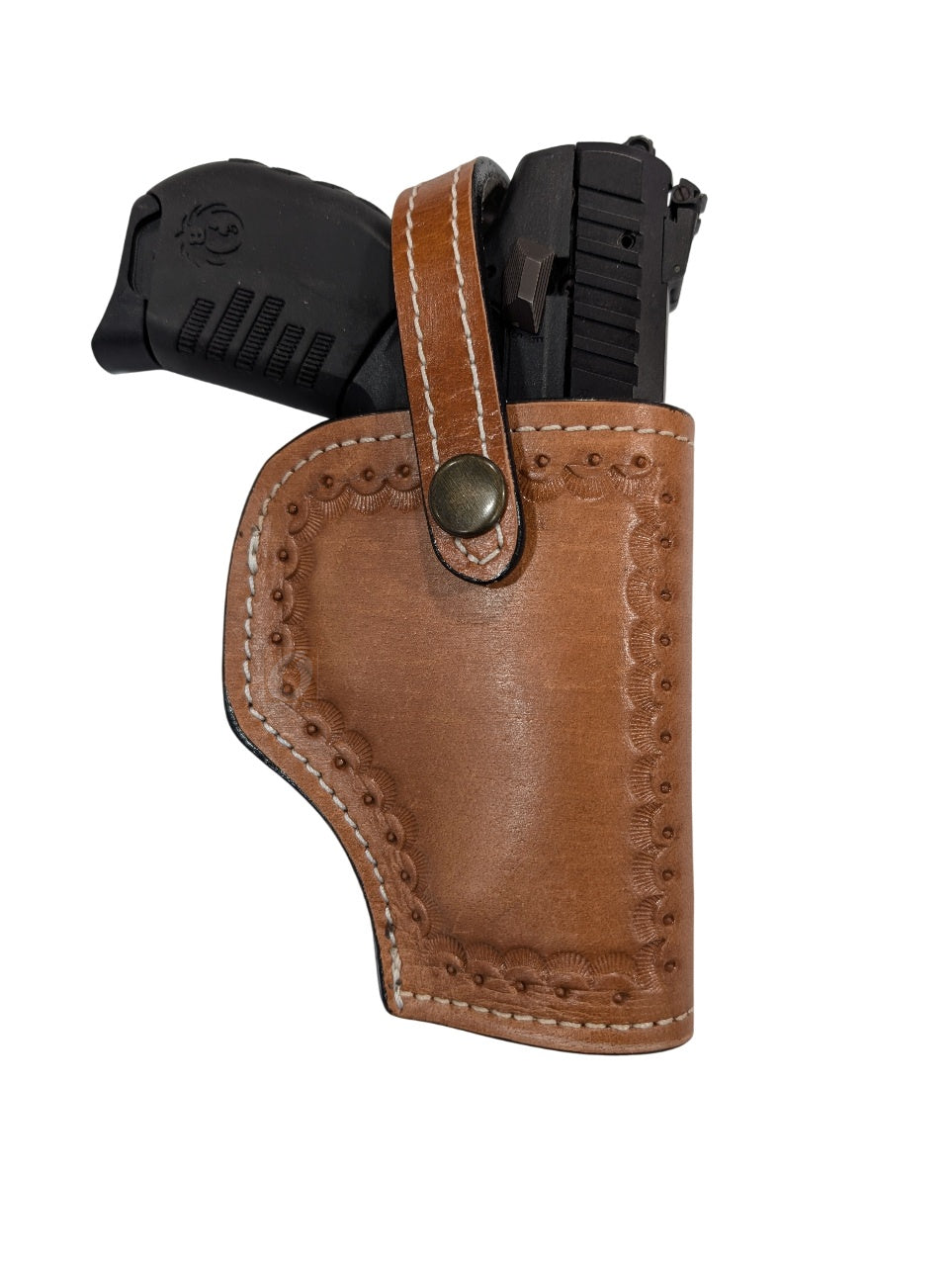 SR 22LR leather holster tan color front view shell tooled