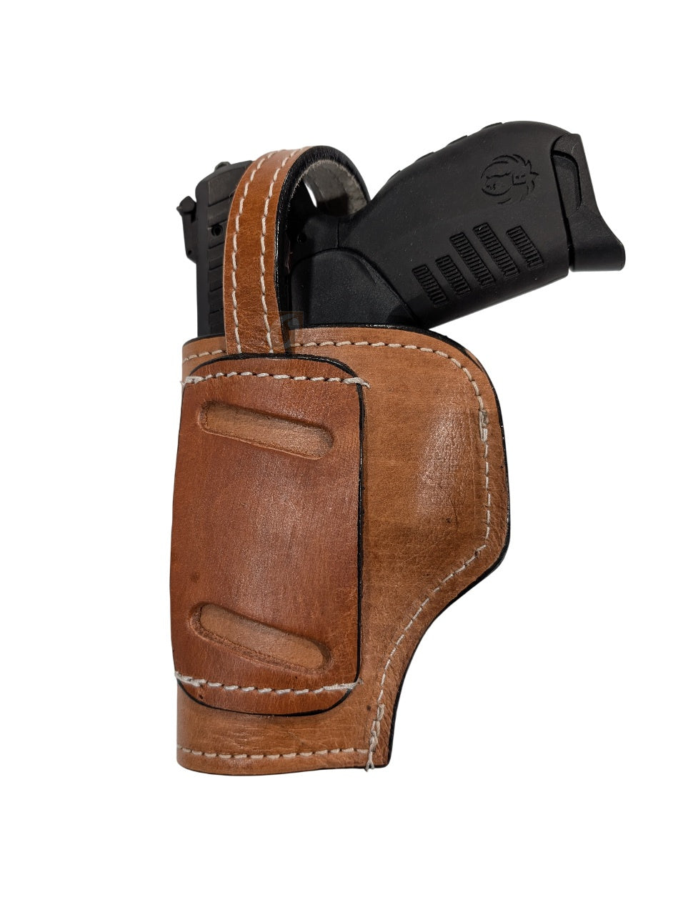 SR 22LR leather holster tan color back view shell tooled