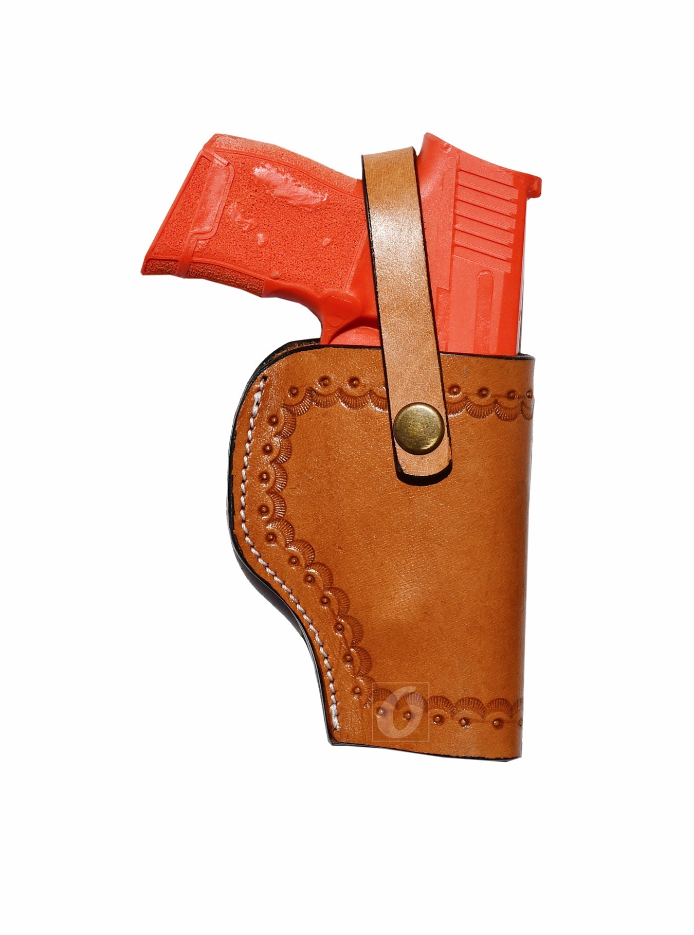 Tan leather Glock holster, right handed, with intricate sea shell tooling, perfect for concealed carry and everyday use