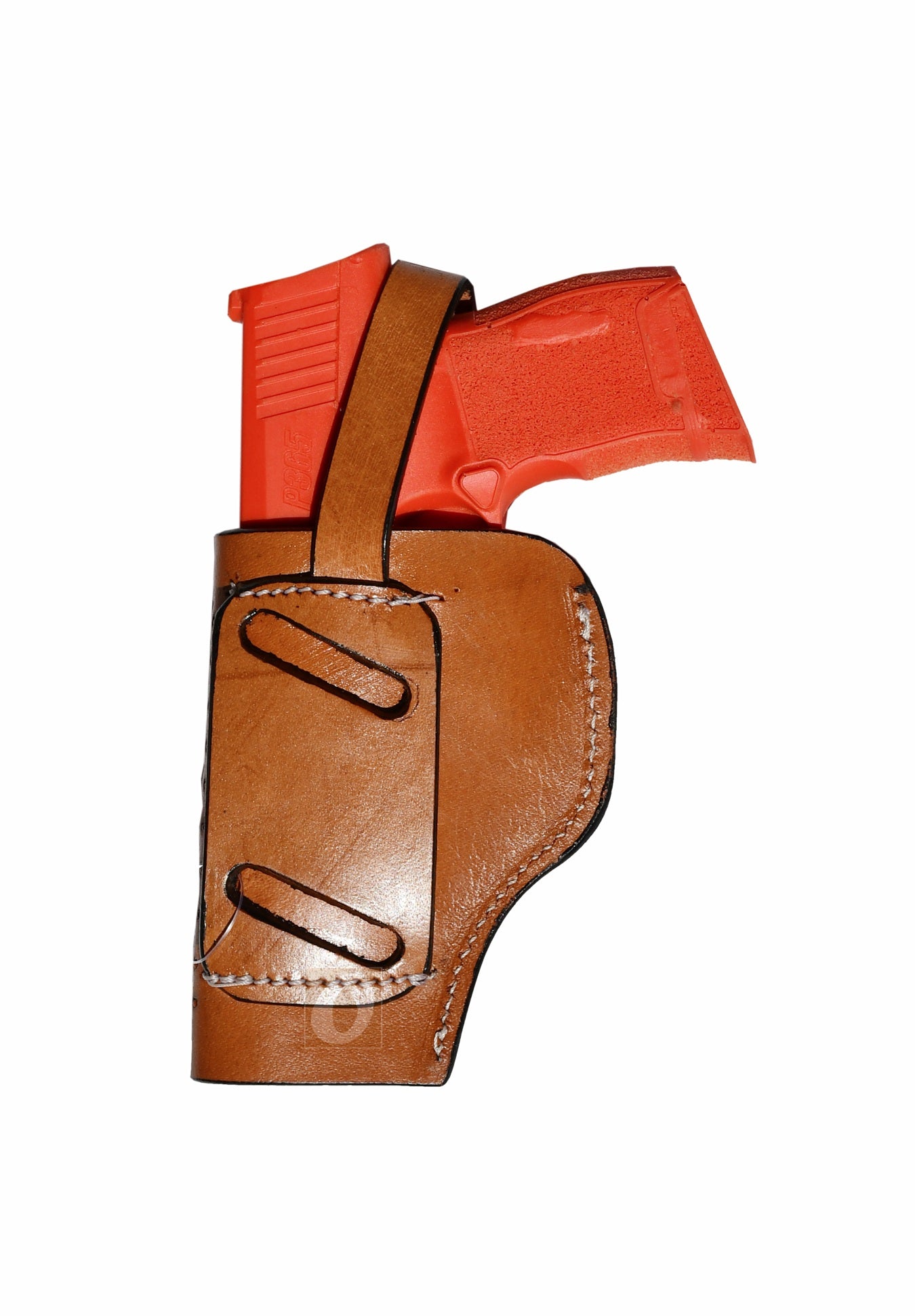 Back view of tan leather Glock holster, right handed, showing premium craftsmanship and strong leather construction for concealed carry