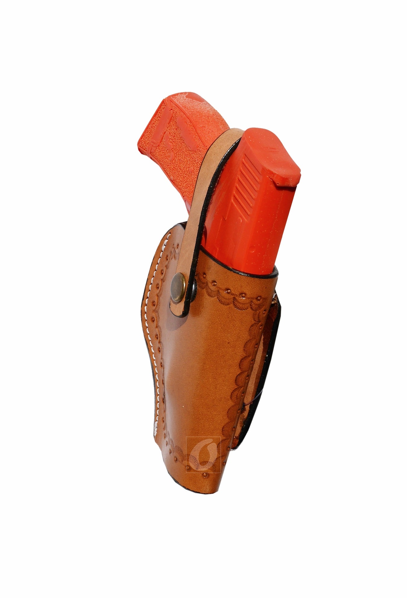 Side view of tan leather Glock holster, right handed, showcasing detailed sea shell tooling for enhanced style and comfort