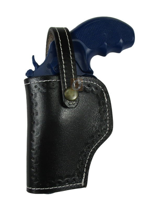 leather holster for S&W Model 60 brown color left hand shell tooled front view