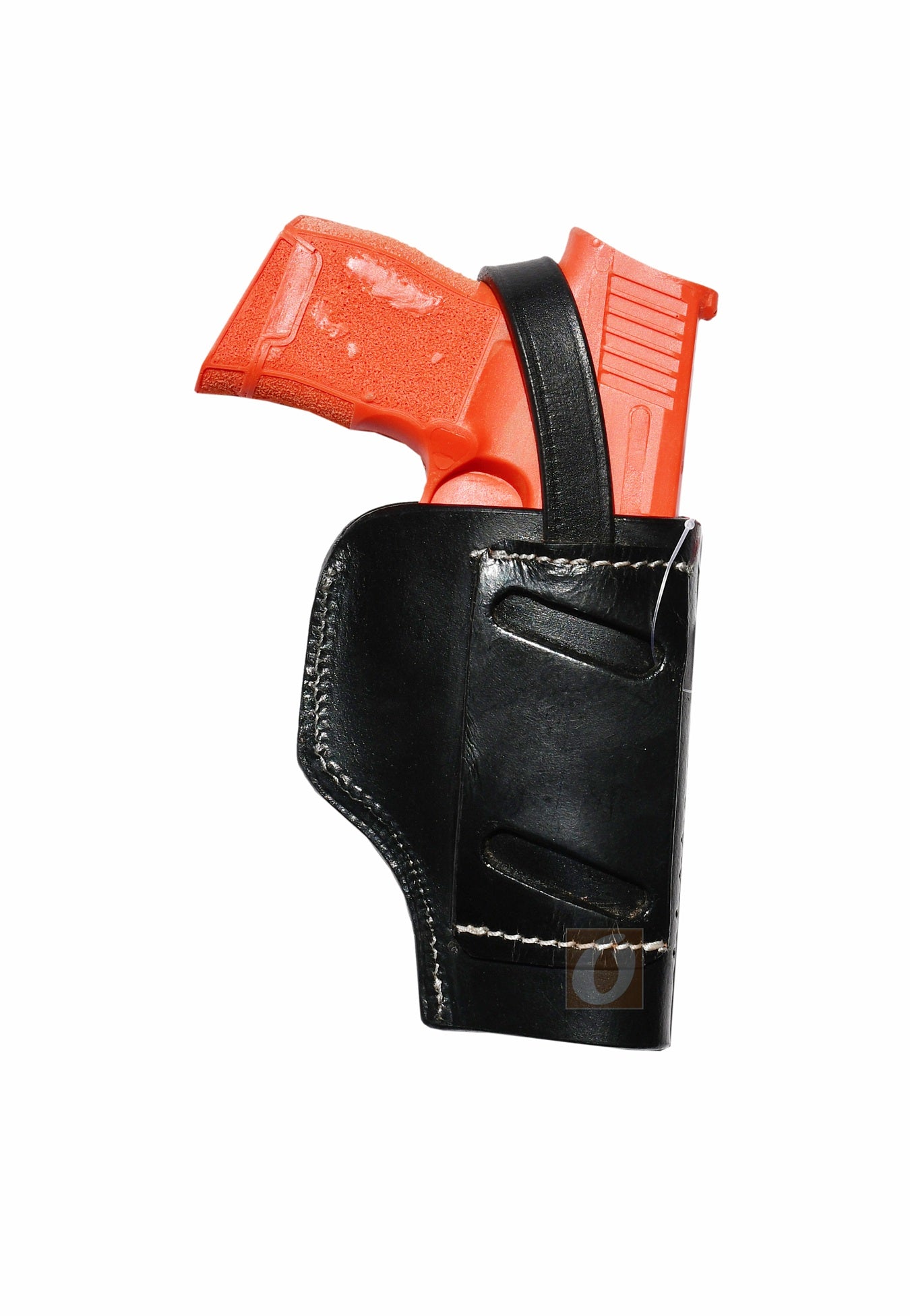 Back view of black leather Glock holster, left handed, displaying the strong leather construction and premium craftsmanship