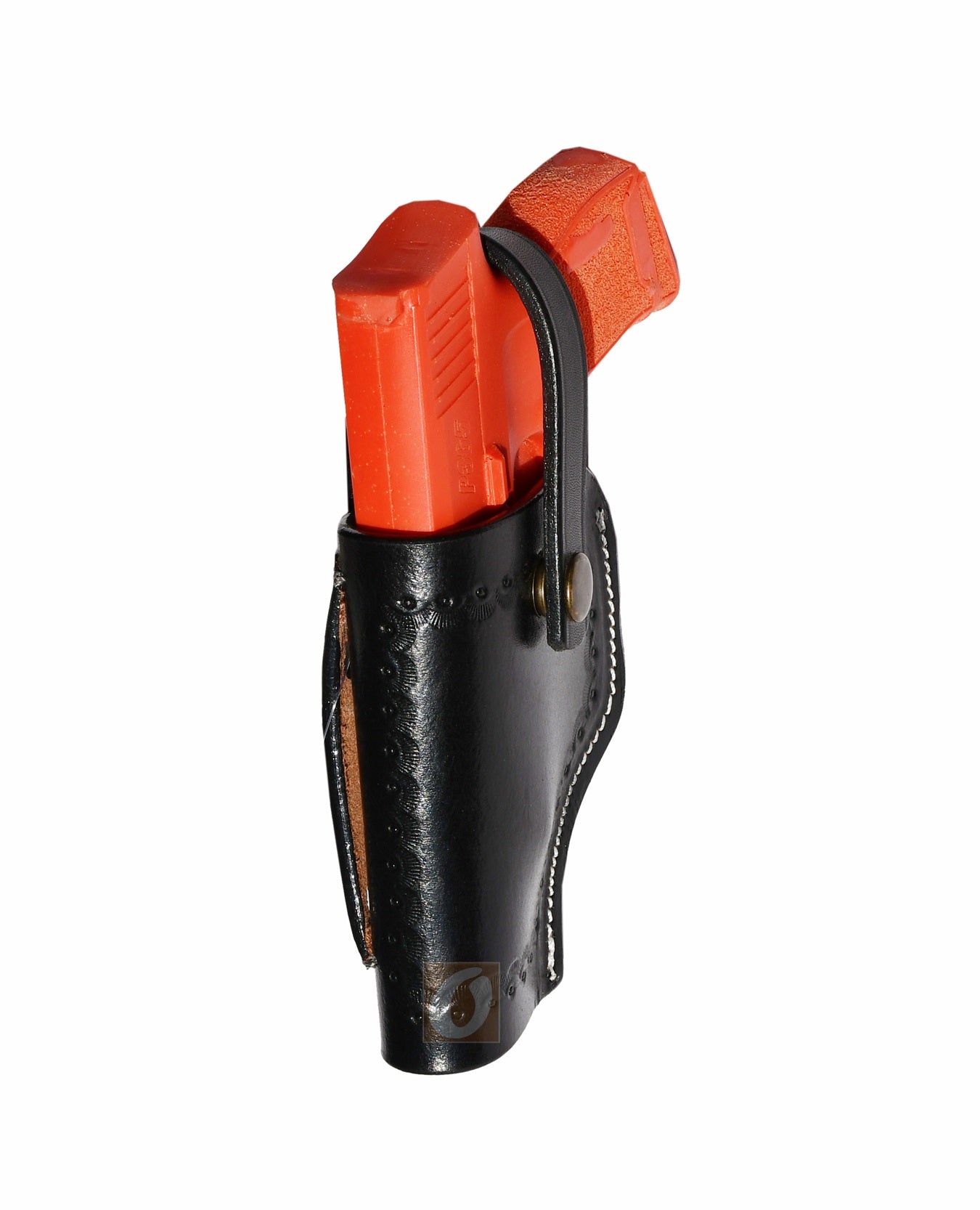 Angled view of black leather Glock holster, left handed, featuring sea shell tooling design for a sleek, concealed carry holster