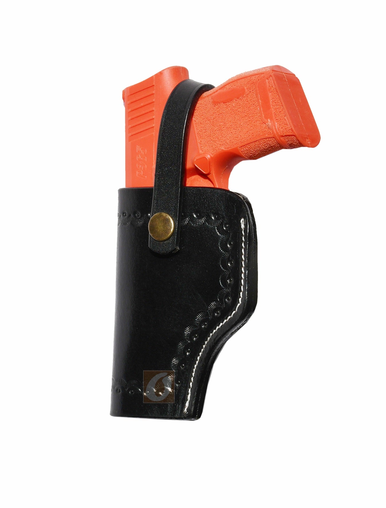 Side view of black leather Glock holster, left handed, showcasing sea shell tooling for a durable and comfortable fit