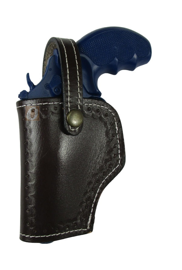 leather holster for S&W Model 60 brown color left hand shell tooled front view