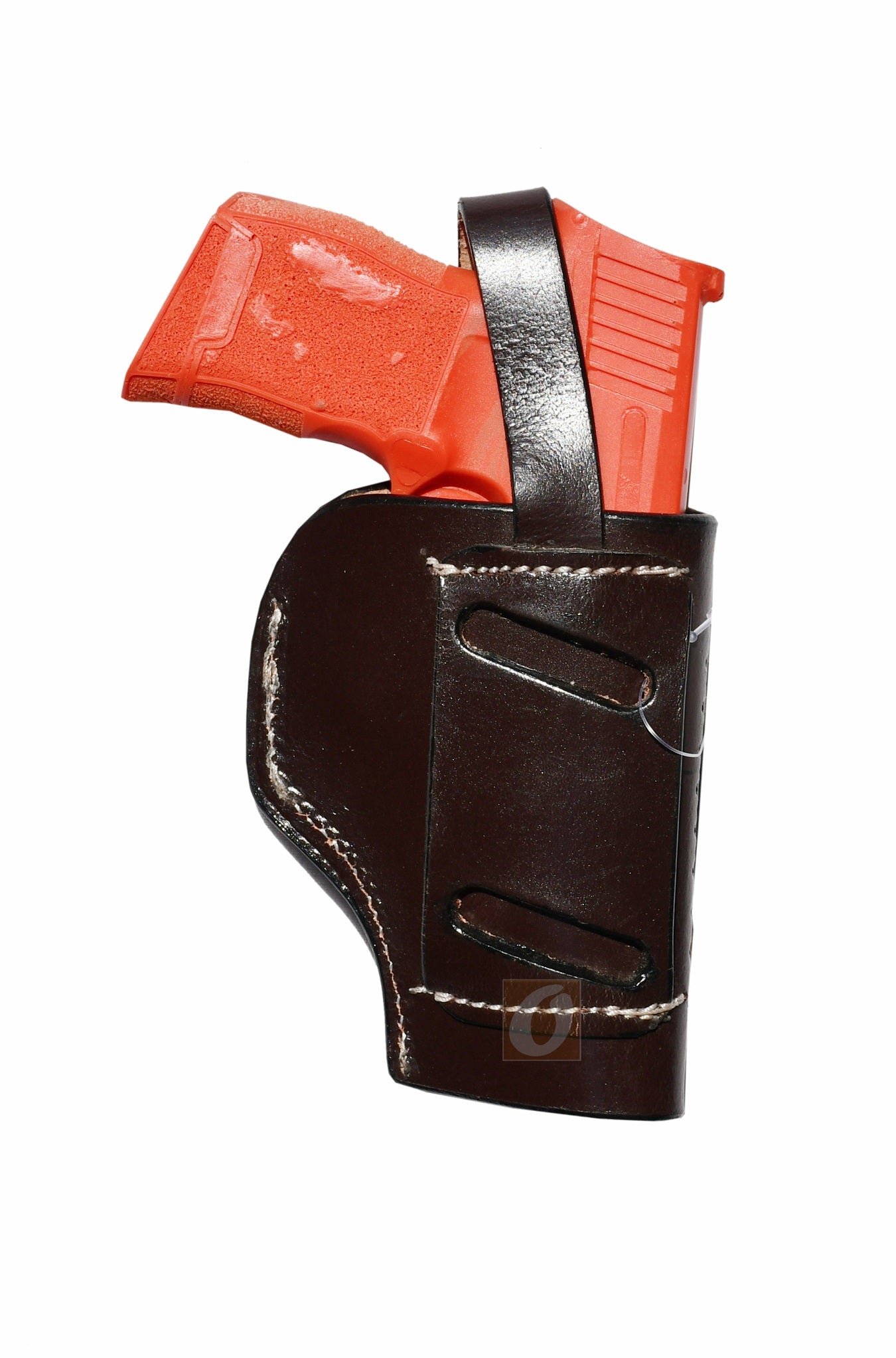 Back view of brown leather Glock holster, left handed, showing the fine craftsmanship and secure fit for concealed carry