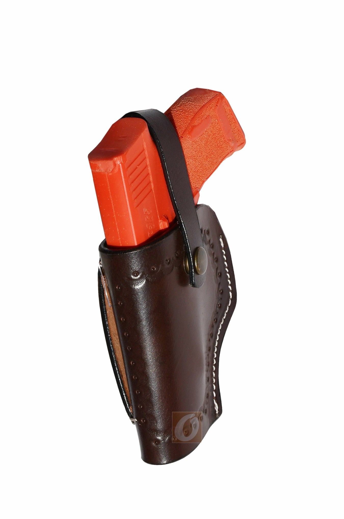 Angled view of brown leather Glock holster, left handed, highlighting the smooth leather and sea shell tooling for everyday concealed carry