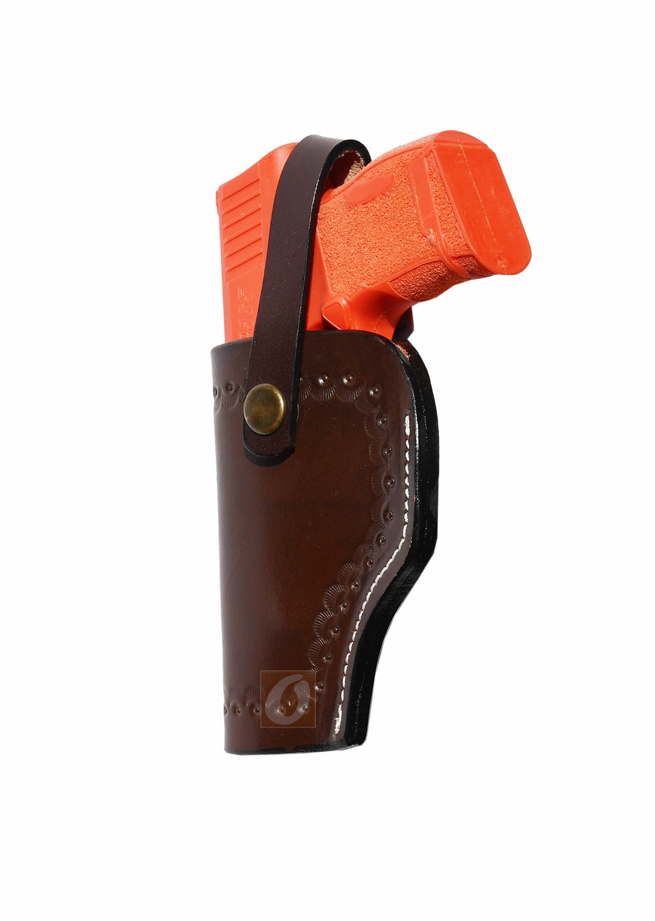 Side view of brown leather Glock holster, left handed, showcasing fine sea shell tooling for a secure and stylish fit