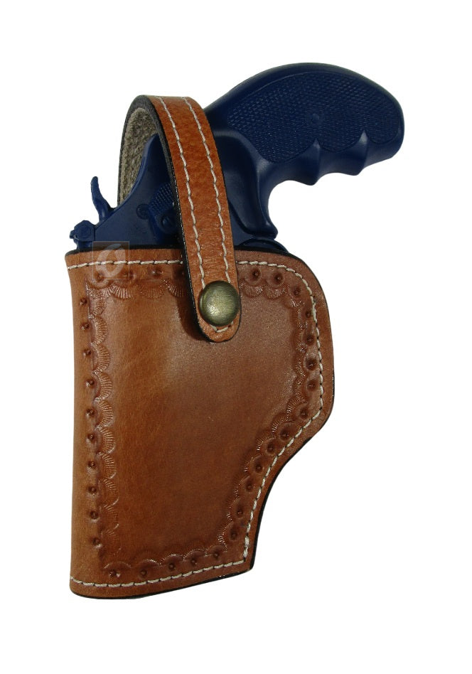 leather holster for S&W Model 60 tan color left hand shell tooled front view