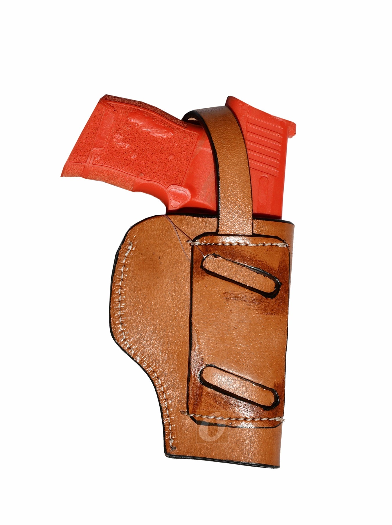 Back view of tan leather Glock holster, left handed, displaying intricate craftsmanship and strong retention system for concealed carry