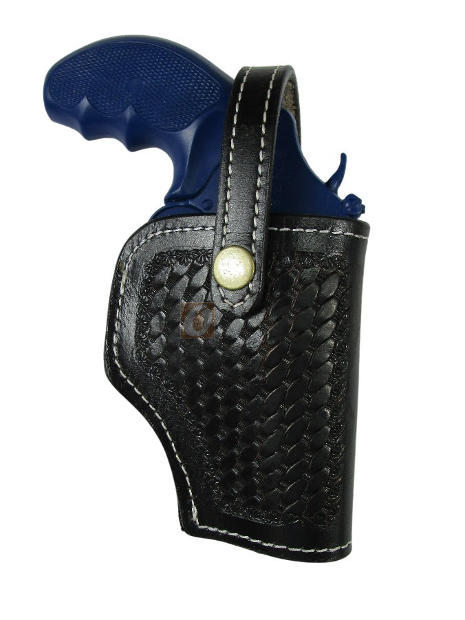 leather holster for S&W Model 60 black color right hand basket tooled front view