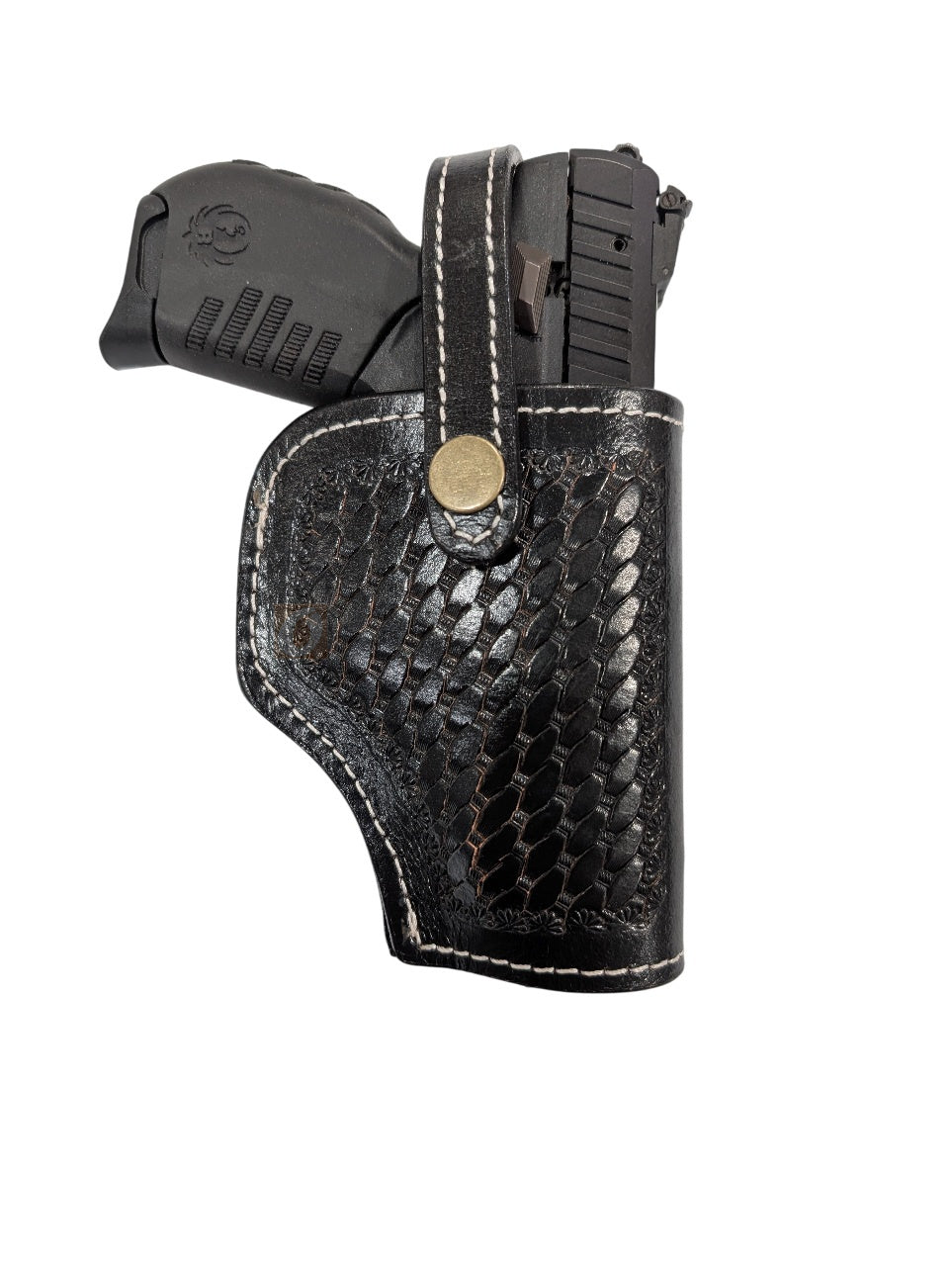 SR 22LR leather holster black color front view basket weave tooled